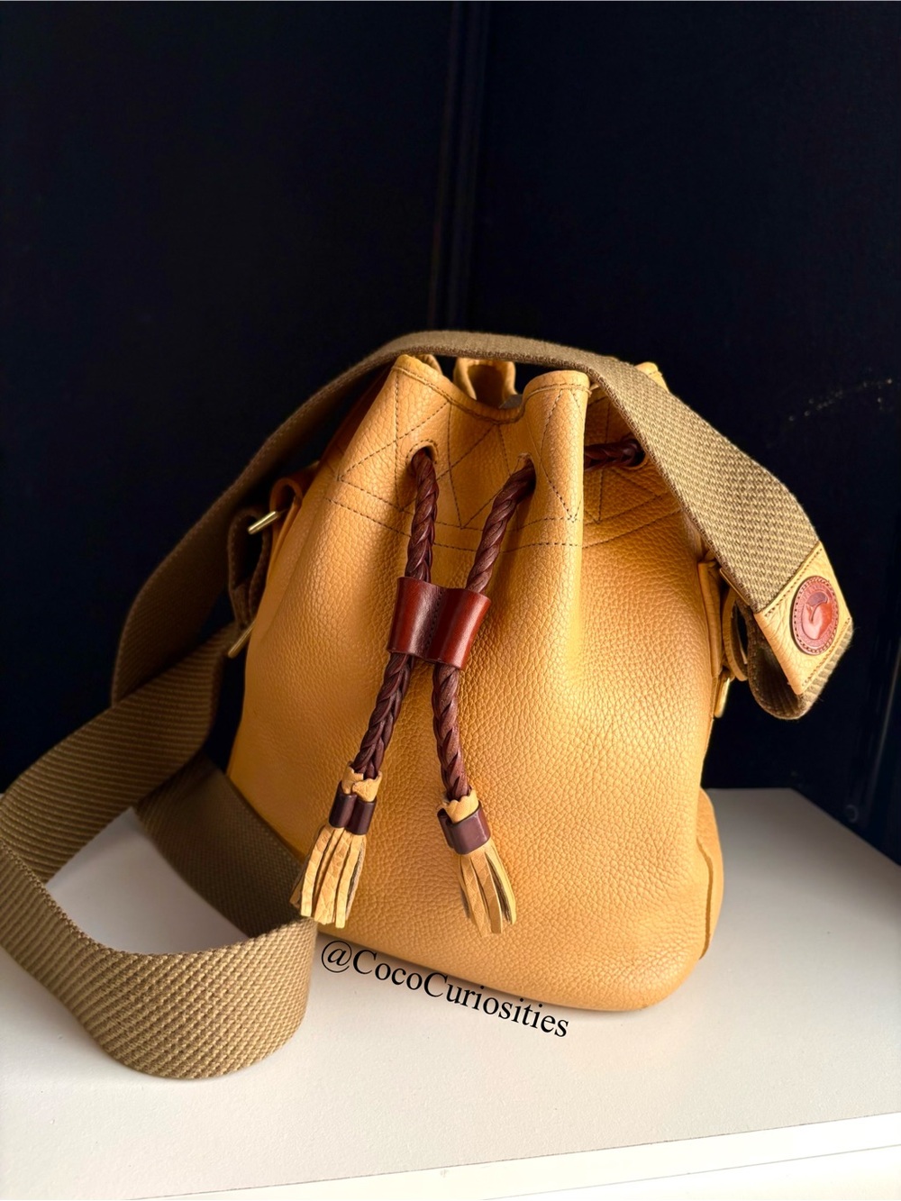 Dooney & Bourke awl Yellow Leather Webster twill strap Drawstring Bucket Bag - Picture 2 of 16